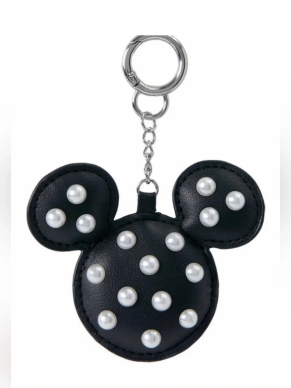 Disney Mickey Mouse  Black Faux-Leather Keychain bag charm with pearl accents